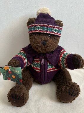 VTG Wally Brown Plush Teddy Bear w/ Purple Knit Sweater & Pom Pom Hat NWT